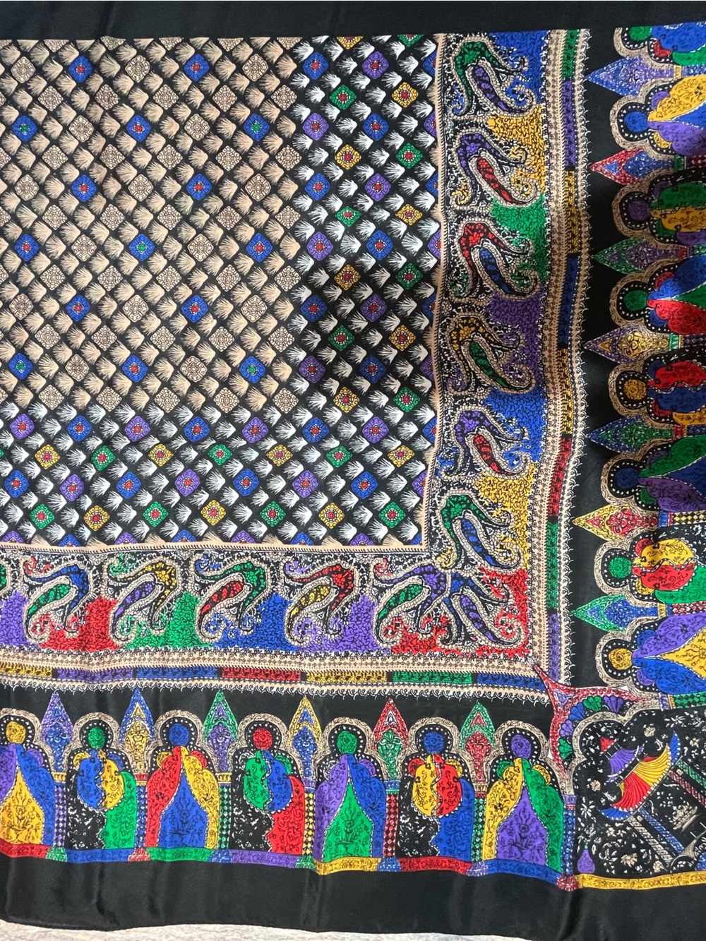 Colorful Patterned Square Silk Scarf - Black Base with Multicolor Details EUC